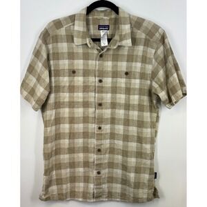 Patagonia Mens Casual Plaid Short Sleeve Button Up Shirt Size Medium Tan